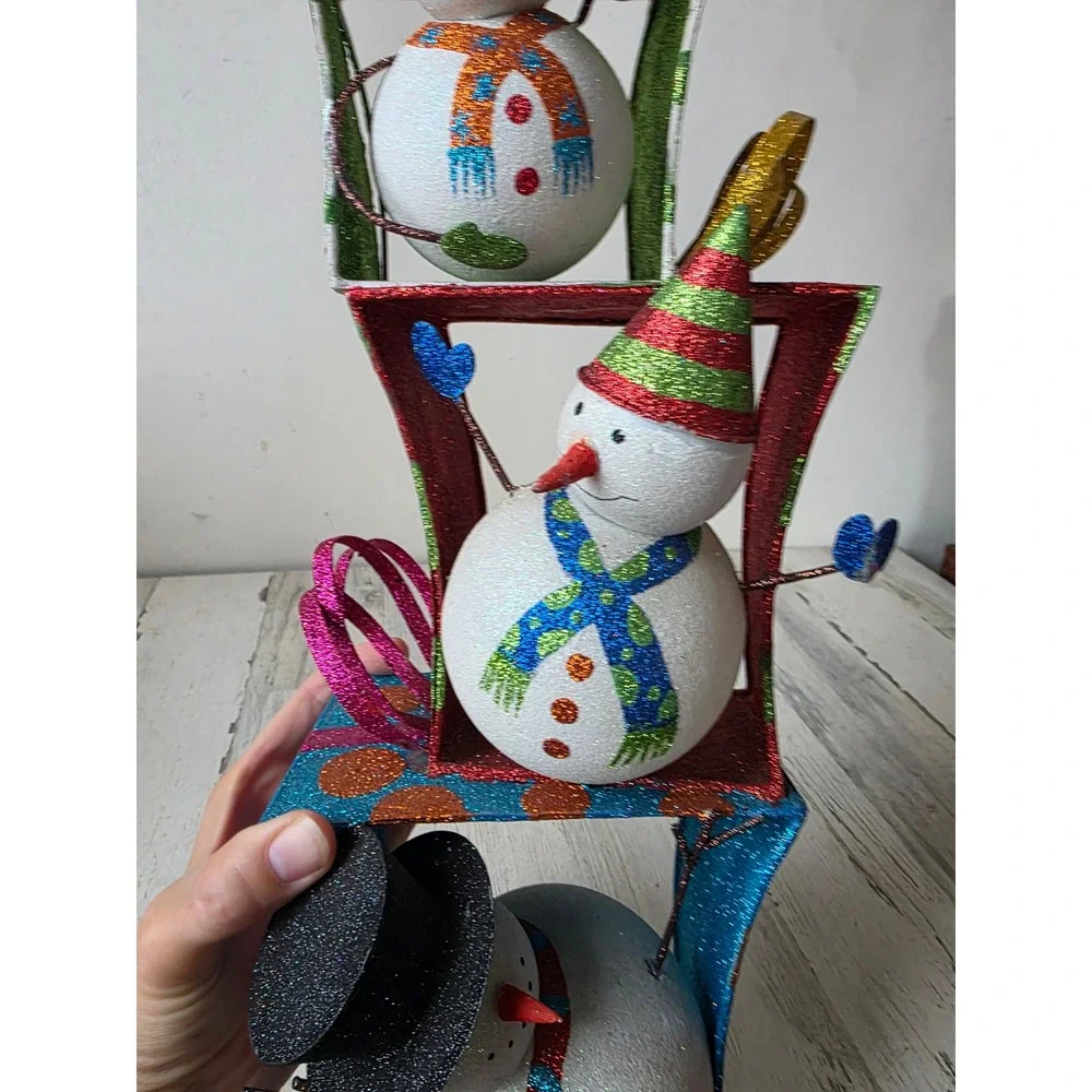 Vintage Pier 1 snowman totem glitter statue Xmas figurine presents rare